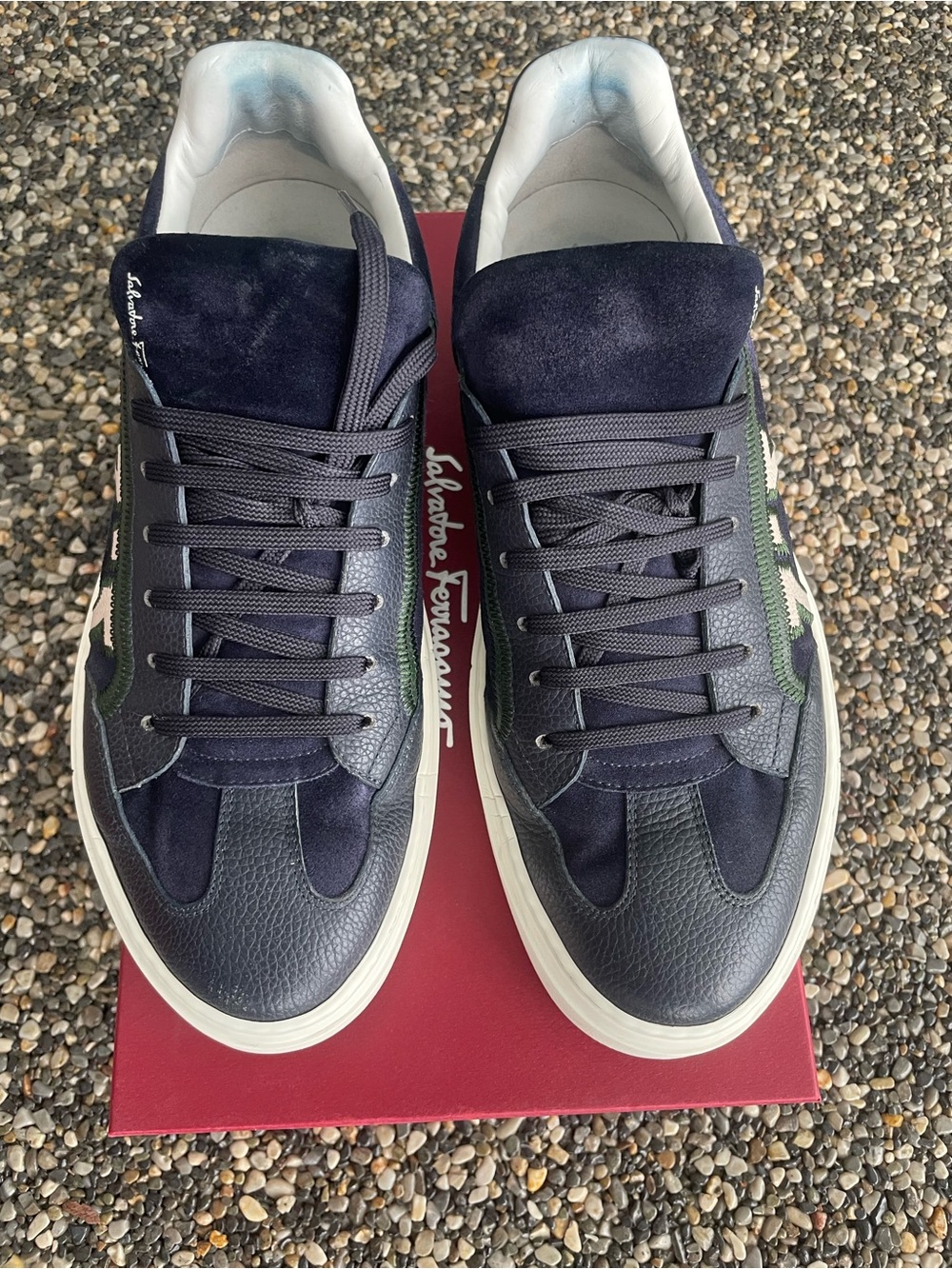 Salvatore Ferragamo Navy Suede & Leather Sneakers with Green Accent